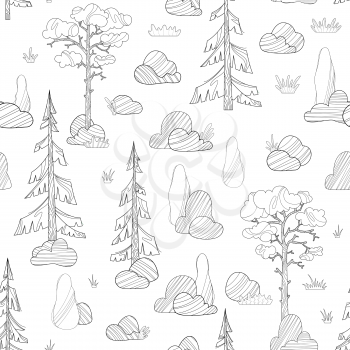 Doodles coniferous trees on a white. Pines, spruces and cypress, stones and grass. Hand-drawn boundless background. Can be used for a coloring book for adults.