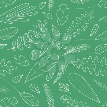 Doodles leaves and grass. White linear nature elements on a green background. Hand-drawn boundless background.