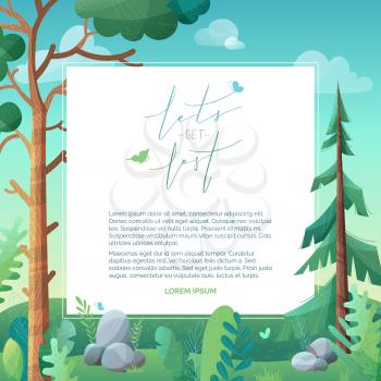 Vector forest background. Pine and fir on green hills. Stones and grass are in foreground. Clouds in the sky. Flat background with stipple texture. White area for your text.