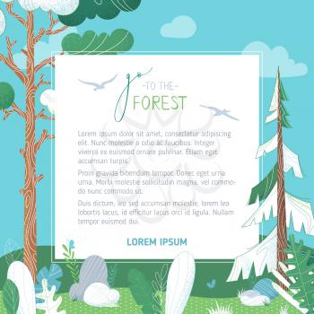 Vector forest background. Pine and fir on green hills. Stones and grass are in foreground. Clouds in the sky. Flat background with stipple texture. White area for your text.