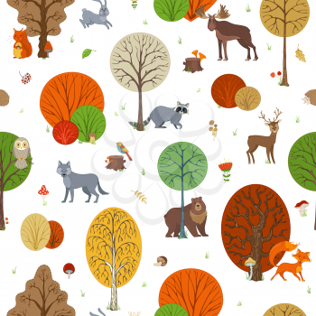 Cute wild animals and birds between autumn trees. Fox, moose, deer, bear, squirrel, raccoon, hedgehog and others. Trees and leaves, grass and mushrooms.