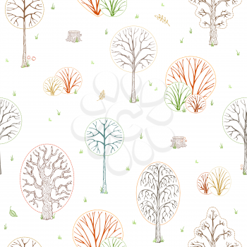 Colourful contours of autumn trees, bushes and stumps. Autumn leaves, grass, seeds and mushrooms on white background. Outline boundless background.