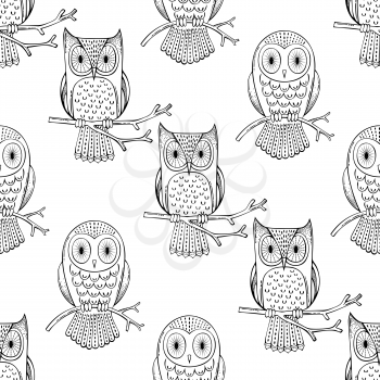 Black doodles owls on white background. Vector boundless background for your design.