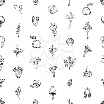 Black linear maple seed, apple, tree branch, autumn leaf, mushroom, fir-cone, flower, acorn and chestnut on white background. Monochrome doodles boundless background.