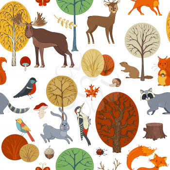 Cartoon wild animals and birds. Fox, moose, deer, bear, squirrel, beaver, raccoon, woodpecker, hedgehog and others. Trees, leaves, seeds and mushrooms.