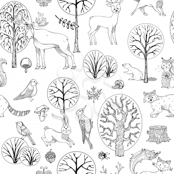 Doodles wild animals and birds on white. Fox, moose, deer, bear, squirrel, beaver, raccoon, woodpecker, hedgehog and others. Trees, leaves, seeds and mushrooms.