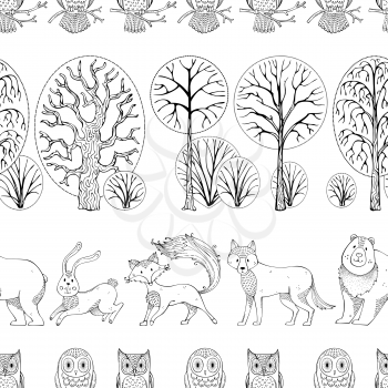 Doodles wild animals and birds on white background. Fox, bear, hare, wolf and owls. Trees and bushes. Duotone repeating tiles.