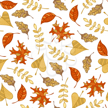 Maple, oak, rowan, ash and linden leaves on white background. Fall boundless background. Tileable elements.