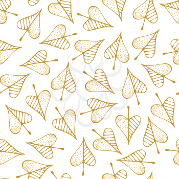 Outline yellow autumn leaves on white background. Fall boundless background. Tileable elements.