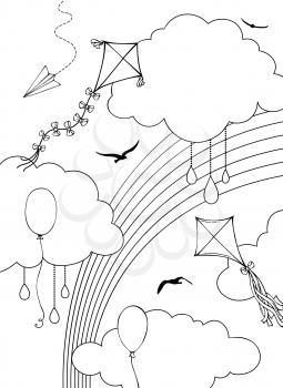Contours of clouds, kites, paper planes, balloons and bird silhouettes in the sky. Great for coloring books.