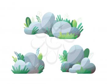 Flat illustration with modern noise texture, lights and shadows. Grey stones with grass and leaves isolated on white background.