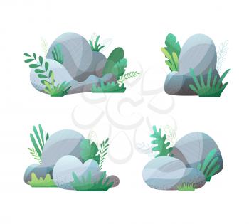 Grey rocks with grass and leaves isolated on white background. Flat illustration with modern grain texture, lights and shadows.