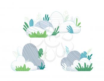 Various stones with grass and leaves on a white background. Nature flat elements for your design.