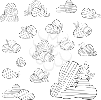 Big and small stones with grass and leaves isolated on a white background. Duotone doodles illustration. Elements for your design.