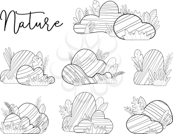 Big and small stones with grass and leaves isolated on a white background. Black and white doodles illustration. Elements for your design.