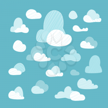 Big and small clouds in the blue sky. Flat illustration. Elements for your design.
