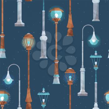 Various street lights on dark blue background. Flat boundless background with modern noise texture, lights and shadows.