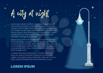 Street light on dark blue background. Silhouettes of houses, stars in the sky. Vector flat illustration. Modern noise texture. There is copyspace for your text.
