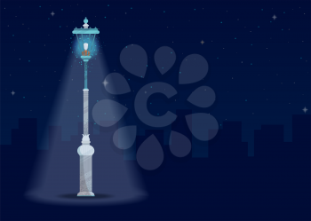 Silhouettes of houses, stars in the sky. Street light on dark blue background. Flat illustration with modern stipple texture. There is copyspace for your text.