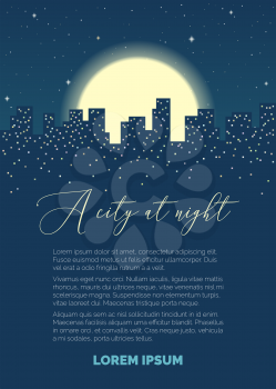 Silhouettes of houses, lights in windows, moon and stars in the sky. Dark blue background. Vector flat illustration with modern grain texture. There is copyspace for your text.