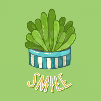 Succulent plant in flower pot on green background. Vector cartoon illustration and hand-written lettering Smile. Good for greeting cards, posters, invitations, etc. 