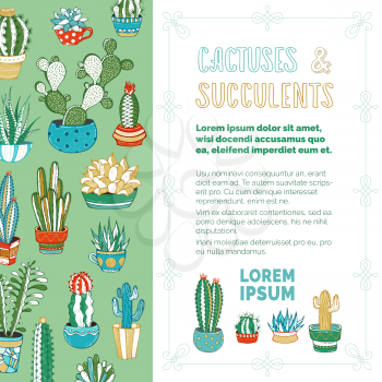 Various cartoon cactuses and succulents in flowerpots and cups. There is copyspace for your text on white background.
