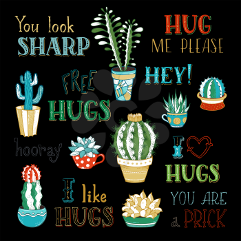 Cactus and succulent plants in flower pots. Hug me please. You look sharp. Free hugs. I like hugs. You are a prick.