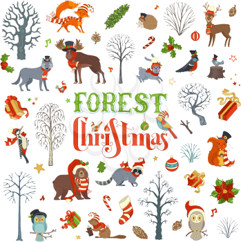 Vector set of winter trees and forest animals in Santa hat and scarf. Moose, bear, fox, wolf, deer, owl, hare, squirrel, raccoon, hedgehog, birds, gift boxes and Christmas baubles.