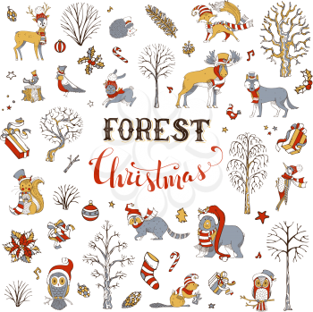 Winter trees and forest animals in Santa hat and scarf. Moose, bear, fox, wolf, deer, owl, hare, squirrel, raccoon, hedgehog, birds, gift boxes and Christmas baubles.