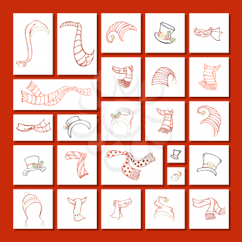 Hand-drawn linear Christmas design elements isolated on white backgrounds.