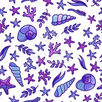 Various sea plants and algae, shells, corals and starfish on white background. Cartoon boundless background. Good for web page background or wrapping paper.