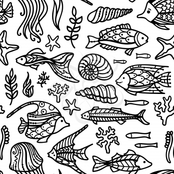 Fish, sea plants and algae, shells and starfish. Black and white outlined boundless background. Can be used in colouring book for adults and children.