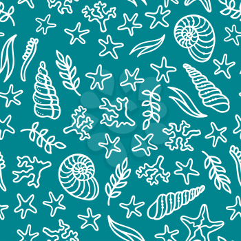 Duotone blue and white boundless background. Various sea plants and algae, shells and starfish. Great for web page background, wrapping paper and invitation.