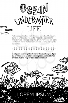 Hand-drawn duotone fish, sea plants, corals and algae, shells and starfish. There is copy space for your text.