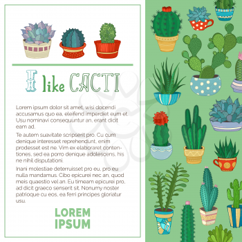 Vector home plants cactus and succulent in pots and cups. A variety of them are with prickles, flowers and without. There is copyspace for your text on white background.