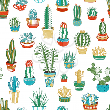 Cartoon cactuses and succulents in flowerpots and cups. Some of them are with prickles or flowers.
