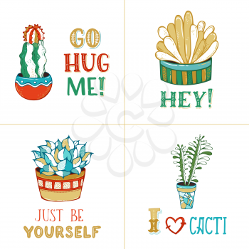 Cactus and succulent plants in flower pots on white background. With spines, flowers and without. Go hug me! Hey! Just be yourself. I like cacti.