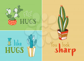 Hand-drawn design elements for greeting card or poster. Cactus and succulent plants in flower pots. Free hugs. I like hugs. You look sharp.