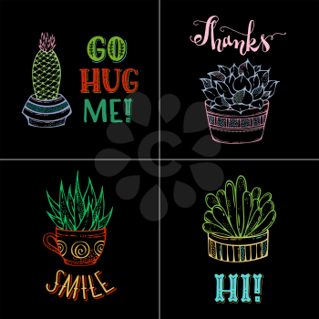 Linear colourful cactuses and succulents in flower pots and cup. Hand-drawn plants and lettering. Go hug me! Thanks. Smile. Hi!