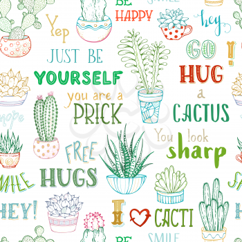 Cactuses and succulents in flower pots. Hug me please. You look sharp. Free hugs. Thanks. I like hugs. You are prick. Boundless background.