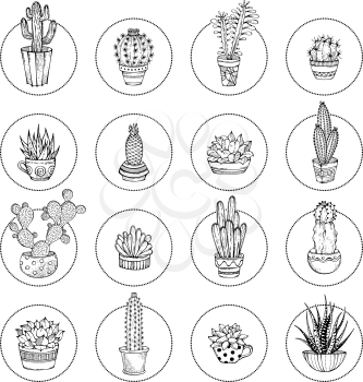 Various cacti in flowerpots and cups. Linear icons isolated on white background. Round shapes. Can be used to colouring book for adults.