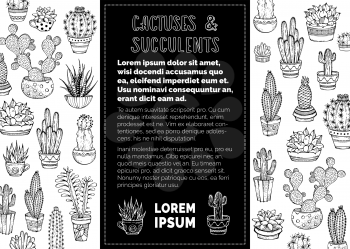 Set of indoor plants in flower pots and cups with prickles or flowers. Can be used to colouring book for adults. Black and white illustration.