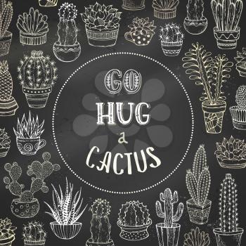 Vector cactuses and succulents on blackboard background. They are with spines and flowers. There is copy space for your text inside circle.