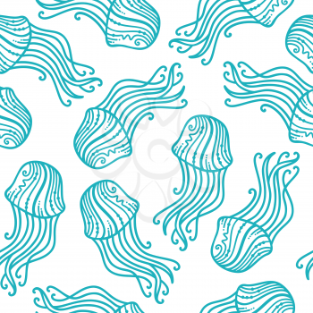 Outlined blue jellyfish swim on white background. Boundless background can be used for web page backgrounds, wallpapers, wrapping papers and invitations.