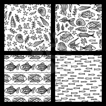 Doodles fish, shells and starfish, sea plants, corals and algae. Boundless background can be used for web page background, wrapping paper and invitation.