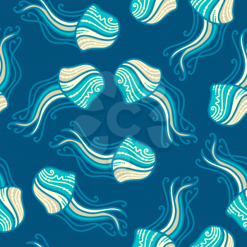 Cartoon swimming jellyfish on dark blue background. Boundless background can be used for web page backgrounds, wallpapers, wrapping papers and invitations.
