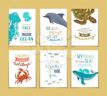 Unique calligraphic quotes and phrases written by brush. Wild underwater animals. Ready-to-use prints for your design.