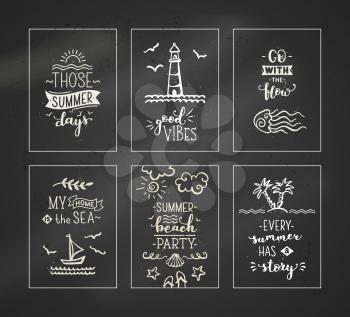 Unique calligraphic quotes and phrases written by brush. Chalk doodle illustrations on dark blackboard background. Ready-to-use prints for you.