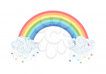 Vintage clouds, colourful hearts and rainbow on white background. Vector template. There is copy space for your text.