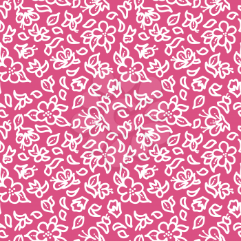 White linear tiny flowers and pinnate leaves on pink background. Bright spring and summer boundless backgrounds. Tileable design elements.